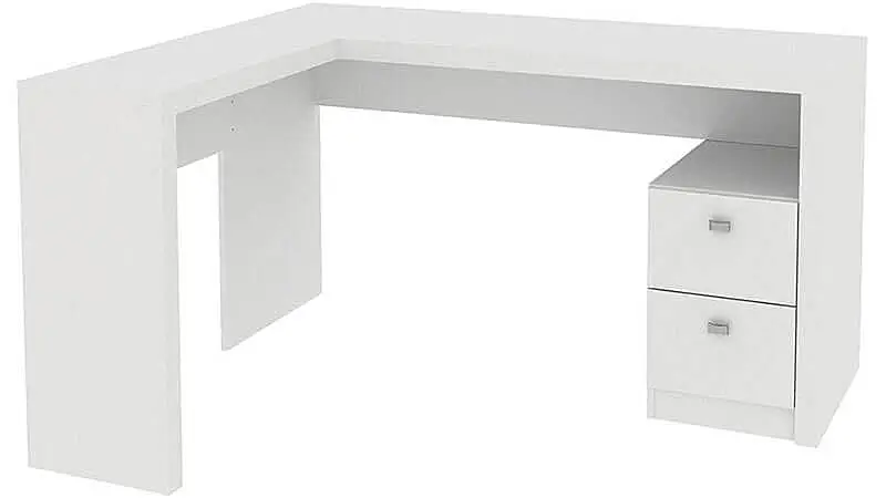 imagem de uma mesa de escritório em L da Tecno Mobili na cor branca com duas gavetas