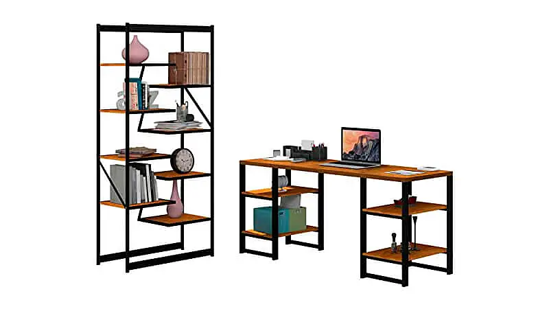 imagem que mostra um conjunto de mesa e estante da marca Apolo