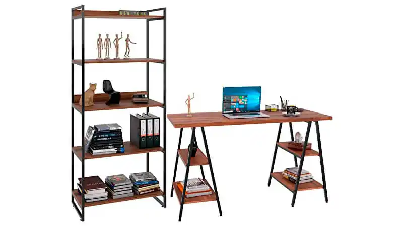 Mesa de Escritório Nogal imagem de uma mesa de escritório Nogal no padrão cavalete e uma estante