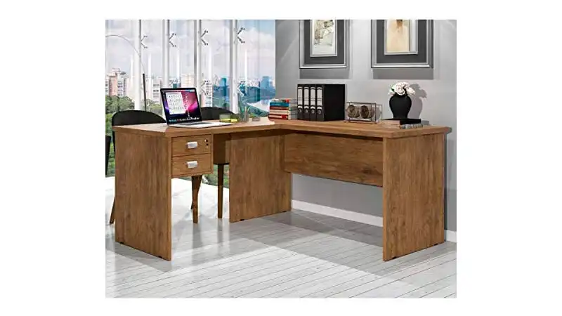 Mesa de Escritório Thor Siena imagem de uma mesa de escritório Thor Siena no formato de L na cor marrom