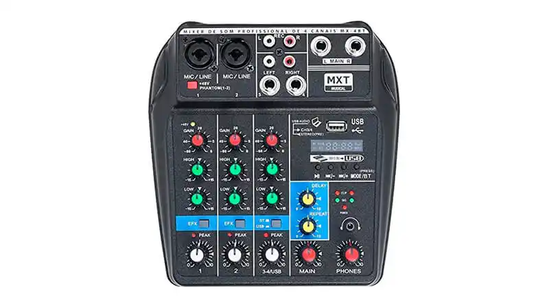 imagem de uma mesa de som MXT MX4-BT vista de cima