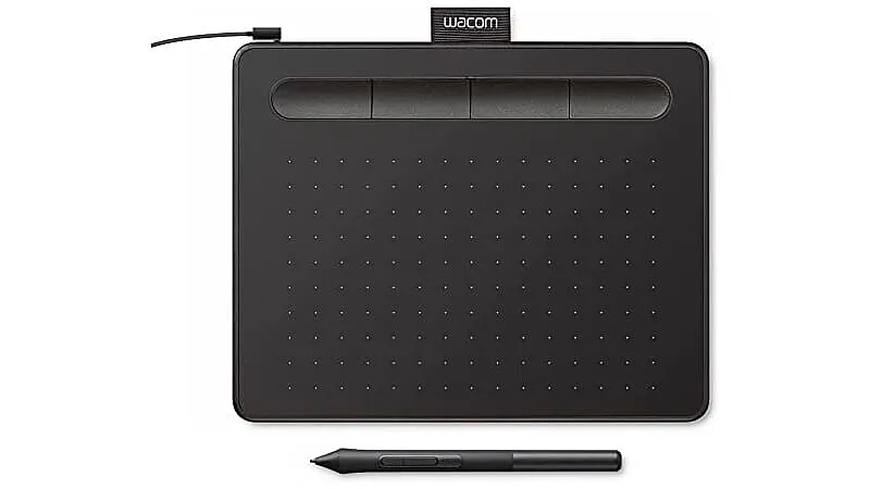 imagem de uma mesa digitalizadora Wacom CTL4100 com uma caneta abaixo