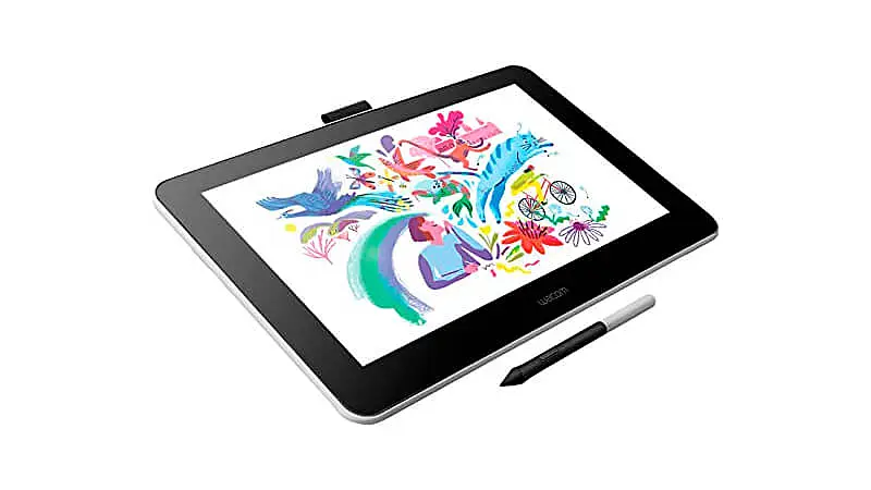 imagem de uma mesa digitalizadora Wacom One com tela de 13.3 polegadas e perto de uma caneta