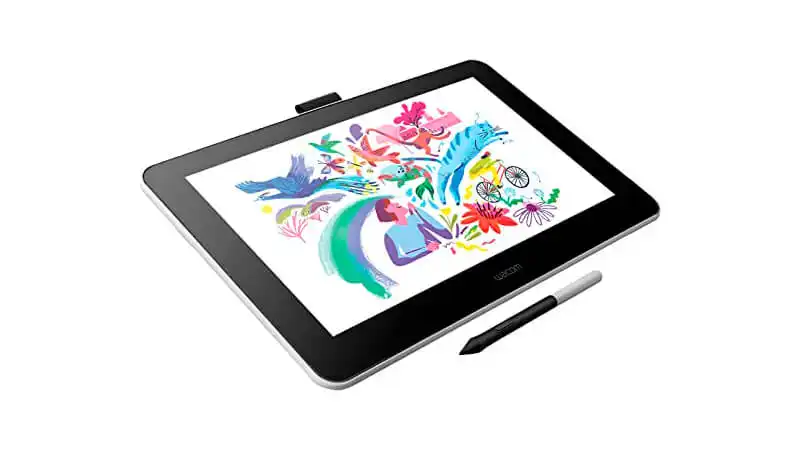 imagem de uma mesa digitalizadora Wacom One com tela de 13.3 polegadas e perto de uma caneta
