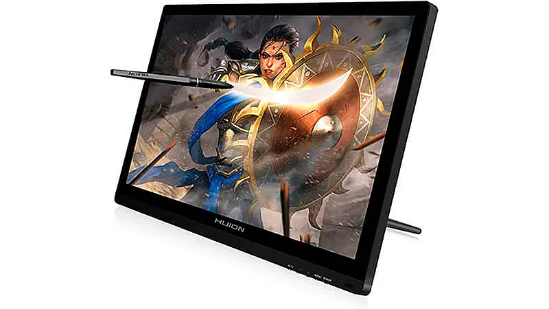 imagem de uma mesa digitalizadora Huion KAMVAS e uma caneta touch desenhando na tela