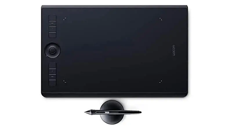 imagem de uma mesa digitalizadora Wacom Intuos Pro e uma caneta touch apoiada na base