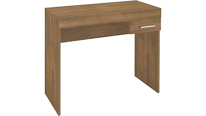 imagem de uma mesa para escritório com uma gaveta com puxador de alumínio na cor pinho