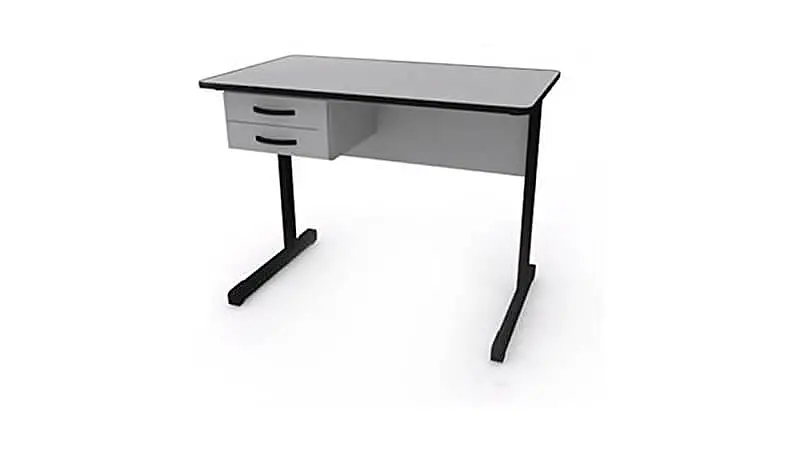 imagem de uma mesa para escritório com duas gavetas na cor cinza