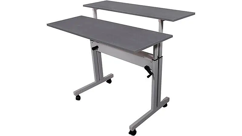 imagem de uma mesa Wp Connect com regulagem de altura manual e dois tampos na cor cinza