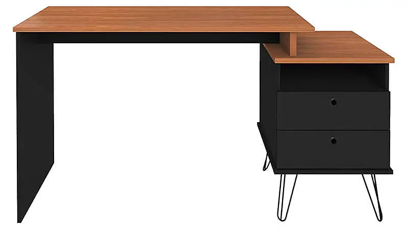 imagem de uma escrivaninha Plus da Artany na cor preta com design industrial, um nicho e duas gavetas na lateral