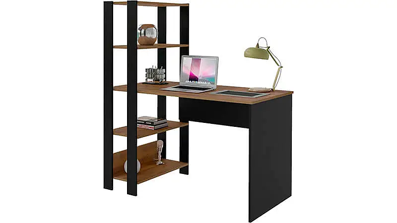 imagem de uma escrivaninha Match da Artely na cor preta com estante lateral com cinco nichos