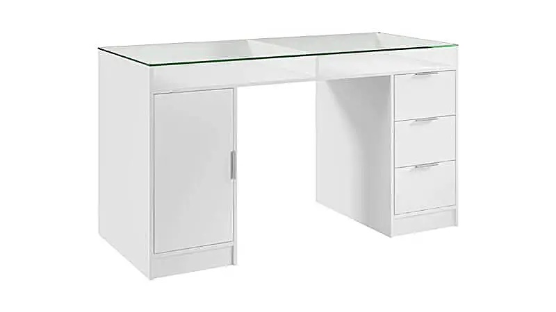 imagem de uma mesa para home office Chicago com tampo de vidro, três gavetas e um armários lateral