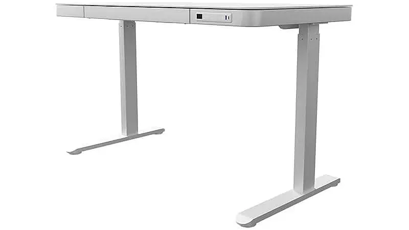 imagem de uma mesa para home office com ajuste de altura elétrico da Elements na cor branca