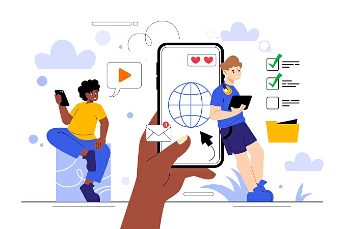 Ilustração de duas pessoas usando dispositivos. À esquerda, uma pessoa de camiseta amarela e calça azul segura um smartphone. À direita, uma pessoa de camiseta azul e bermuda roxa segura um tablet, com fones pendurados no pescoço. No centro, uma mão segura um celular exibindo um globo, ícones de coração, um cursor e uma notificação de mensagem. Ao fundo, ícones de checklist e pasta amarela representam tarefas concluídas.