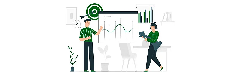 dupla de colaboradores analisando um gráfico