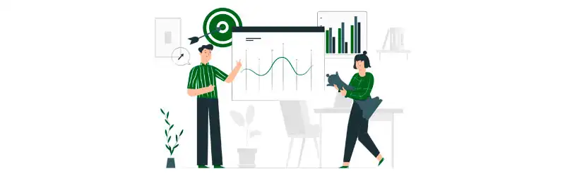 dupla de colaboradores analisando um gráfico