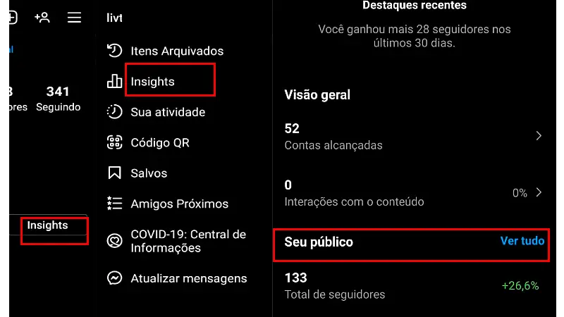 Onde encontrar a ferramenta Insights no Instagram