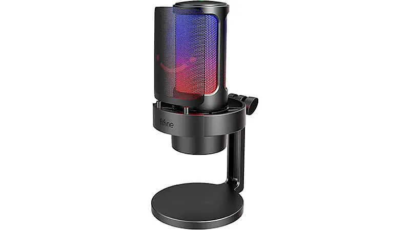 imagem que mostra um microfone de mesa FIFINE na cor preta com iluminação RGB