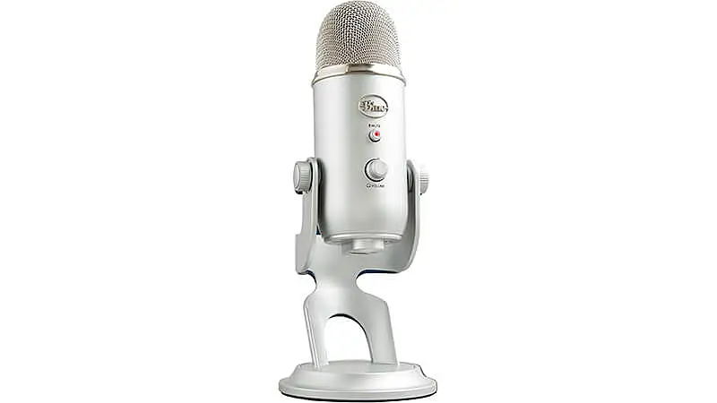 imagem que mostra um microfone de mesa Blue Yeti na cor branca