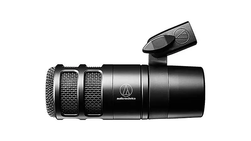 imagem de um microfone dinâmico Audio-Technica com shockmount embutido