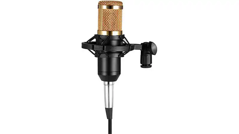 imagem de um microfone para PC BM800 na cor preta e dourada montado em um shockmount