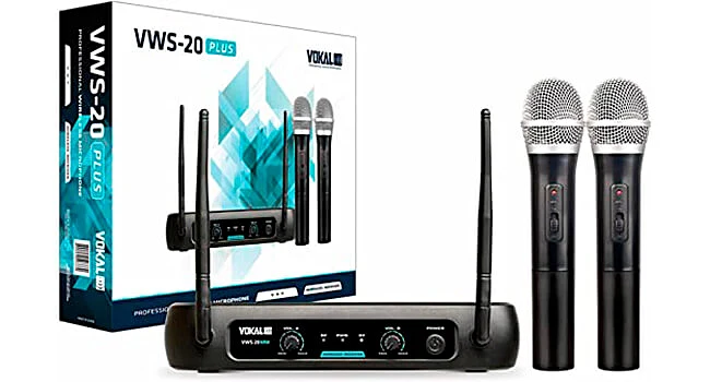 foto de um par de microfones sem fio e um recptor Vokal VWS 20