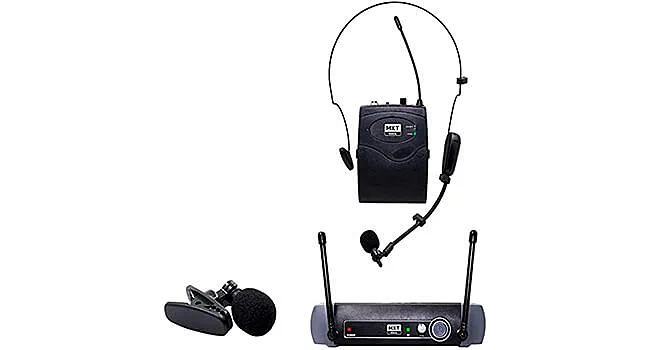 foto de um microfone sem fio de lapela e um receptor da MXT