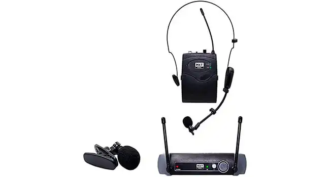foto de um microfone sem fio de lapela e um receptor da MXT