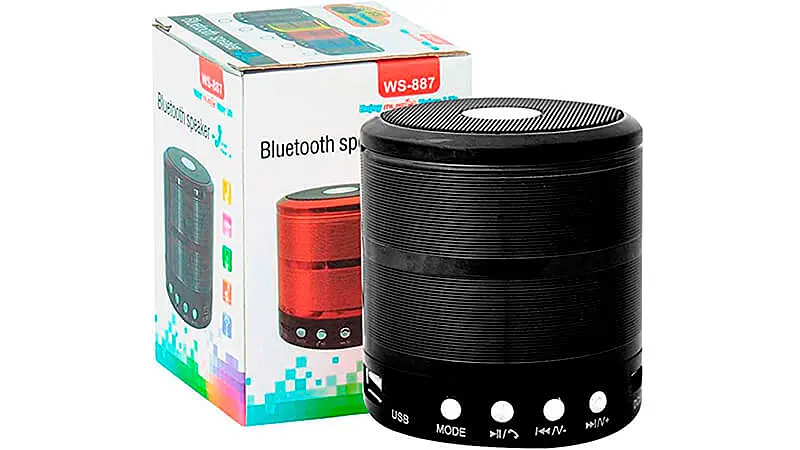 imagem de um mini speaker WS-887 na cor preta ao lado da caixa