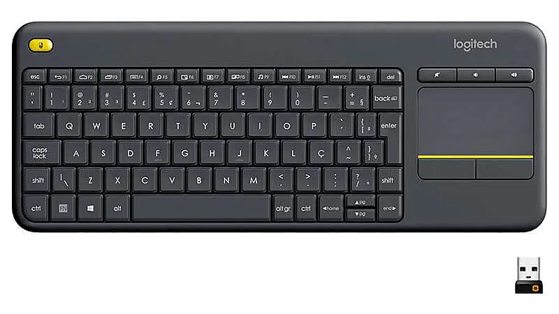 imagem de um mini teclado Logitech K400 Plus na cor cinza com touchpad integrado