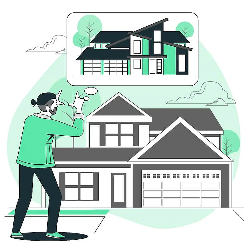 The image show a man in front of a house, he is imagining another house.