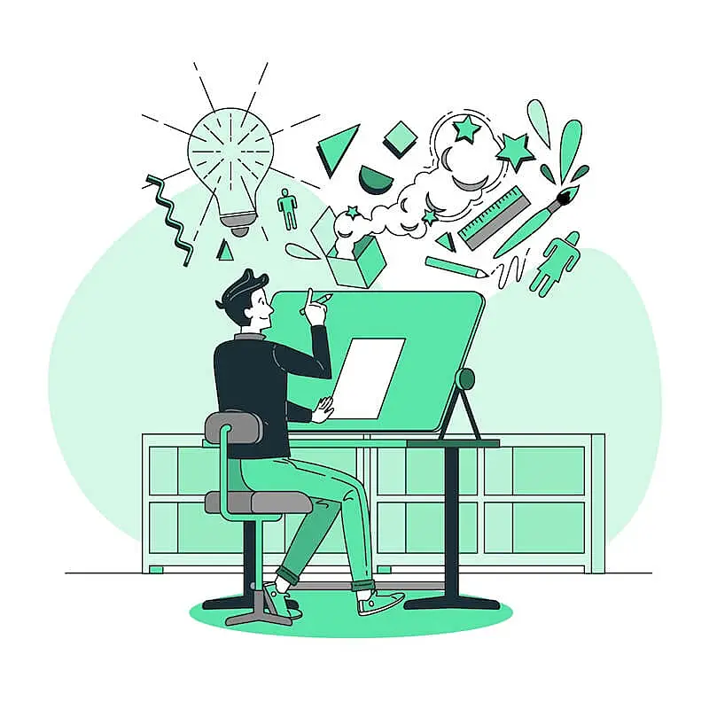 The image shows a man sitting in front of a table. A lamp above his heads along with several other items like a ruler and a brush indicates he is having ideas about design.