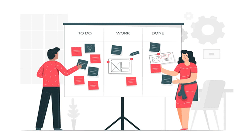 Ilustração de duas pessoas organizando um mural no estilo modelo Canvas