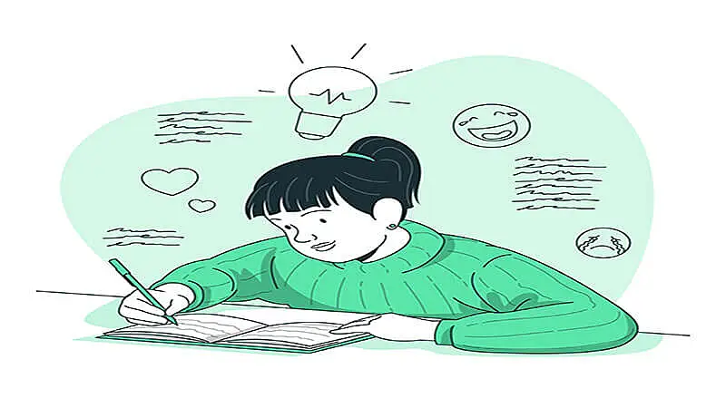 Ilustração de uma menina escrevendo em um caderno