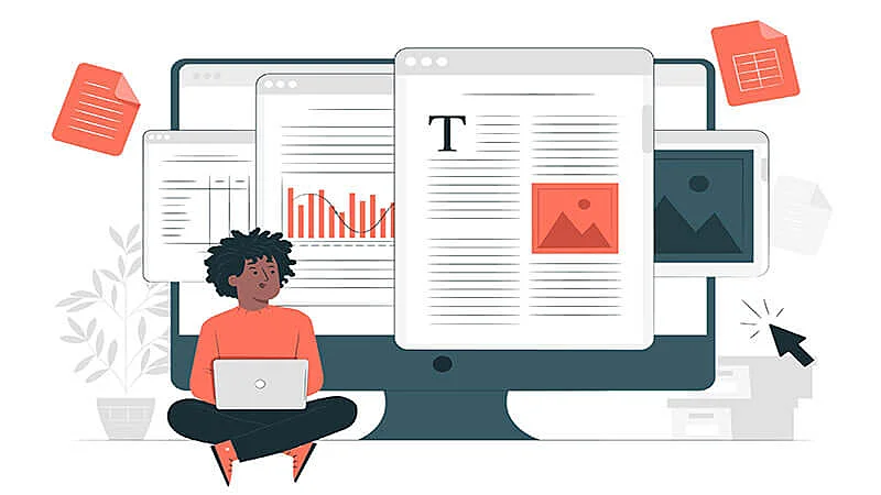 Ilustração de uma mulher usando um notebook e uma tela grande ao fundo com vários textos
