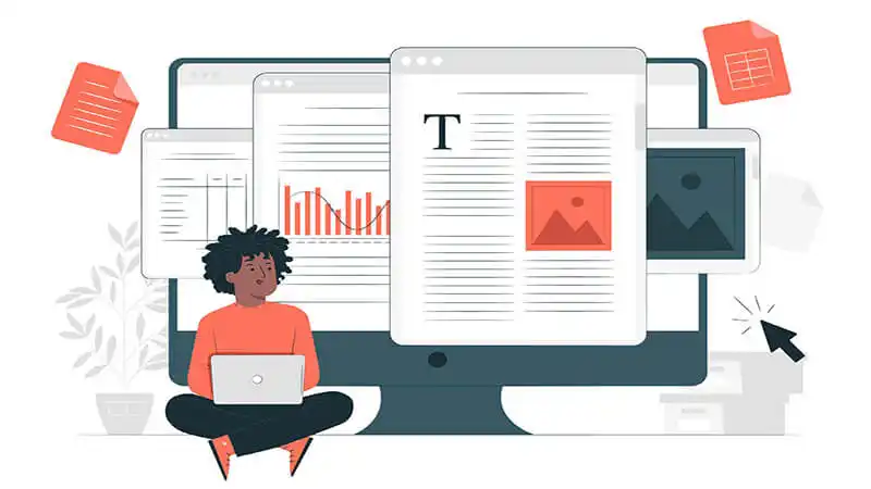 Ilustração de uma mulher usando um notebook e uma tela grande ao fundo com vários textos