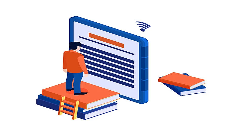 Ilustração de uma pessoa em cima de livros lendo em uma tela