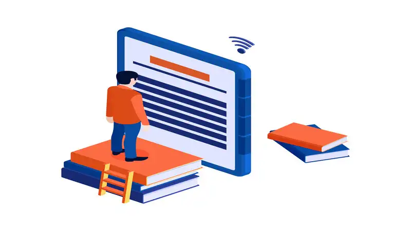 modelos de ebook Ilustração de uma pessoa em cima de livros lendo em uma tela