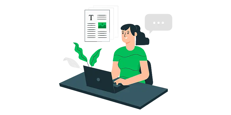 Mulher sentada na frente do computador buscando modelos de email