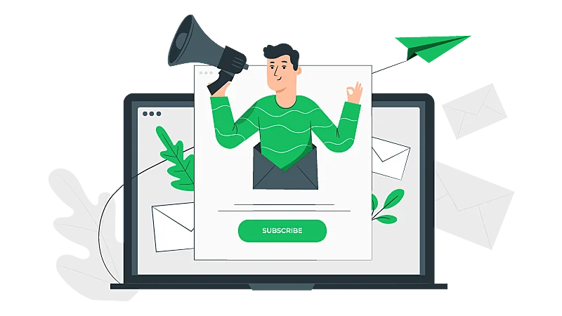 Homem com um megafone saindo de um modelo de email