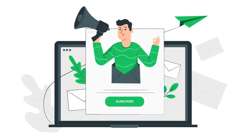 Homem com um megafone saindo de um modelo de email