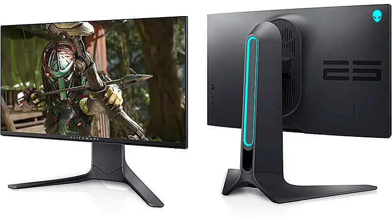 imagem de um monitor Alienware 240hz de 24.5 polegadas de frente e de costas na cor cinza e com led azul