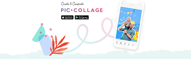 Banner com elementos gráficos, smartphone e logo do PicCollage