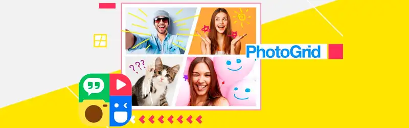 Banner com fotos, elementos gráficos e o logo do PhotoGrid