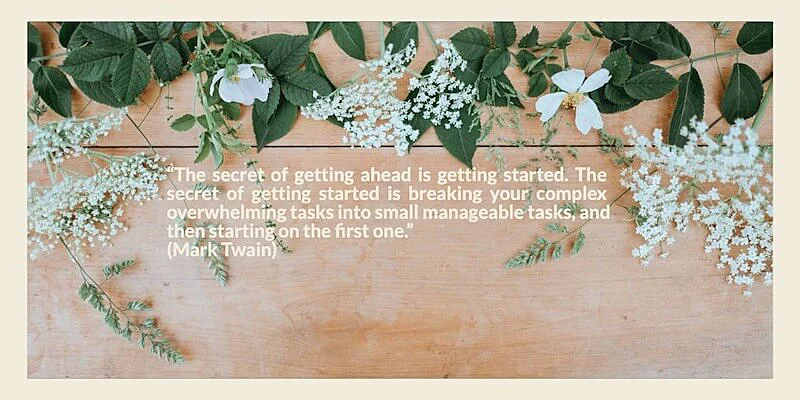 In the image it's written "The secret of getting ahead is getting started. The secret of getting started is breaking your complex overwhelming tasks into small manageable tasks, and then starting on the first one."(Mark Twain).