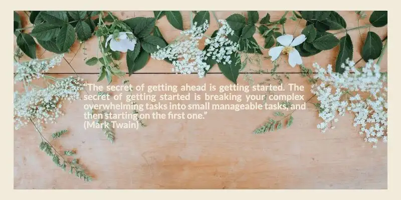 In the image it's written "The secret of getting ahead is getting started. The secret of getting started is breaking your complex overwhelming tasks into small manageable tasks, and then starting on the first one."(Mark Twain).