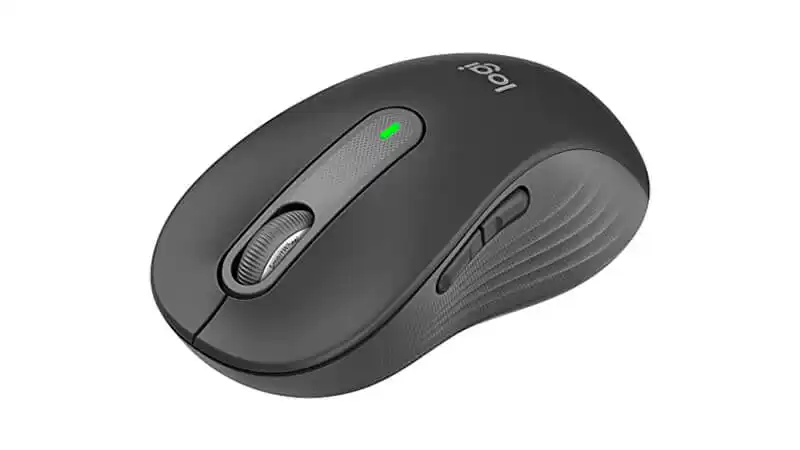 imagem de um mouse com botão lateral da Logitech na cor cinza