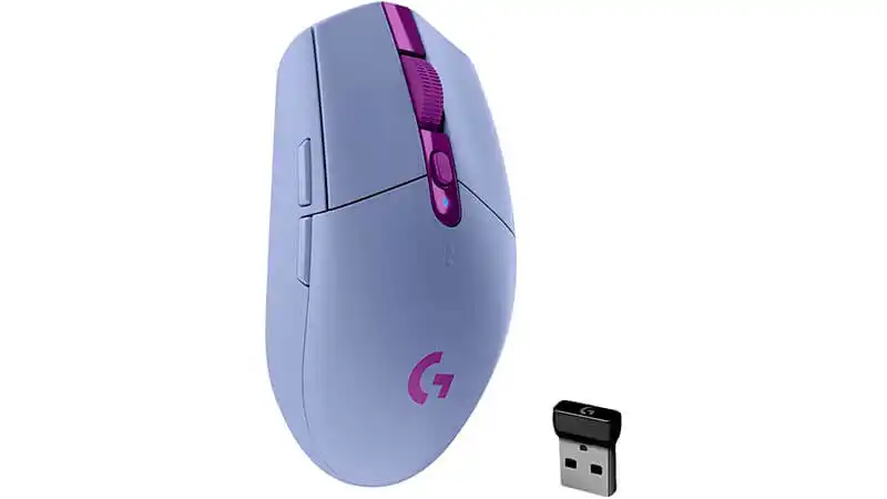 imagem de um mouse com botão lateral da Logitech na cor lilás