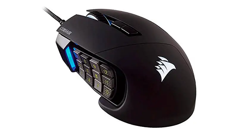 imagem de um mouse com botão lateral da Corsair na cor preta