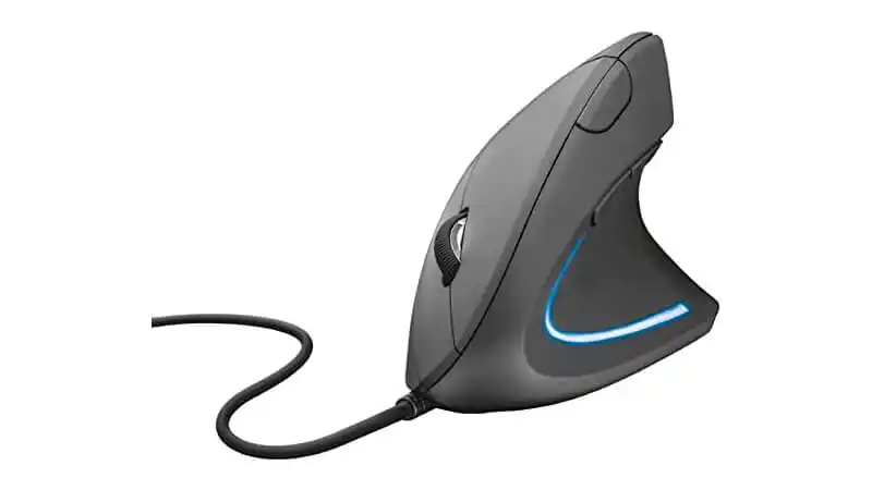 imagem de um mouse ergonômico da Trust na cor cinza com um led azul lateral